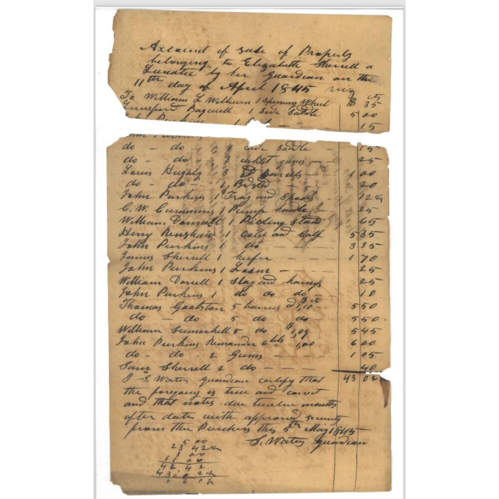 RARE ! - 1845 Elizabeth Sherrell Lunatic Sale S. Waters Historical Document